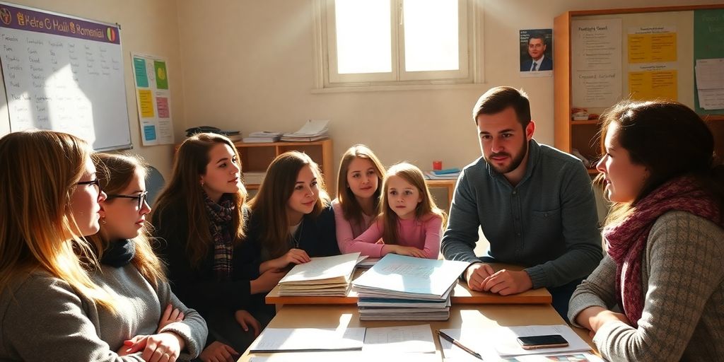 O clasă vibrantă cu elevi și un profesor.