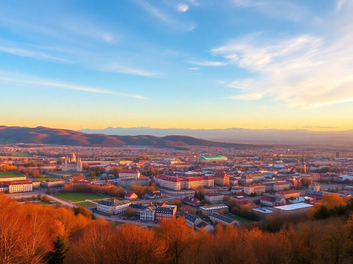 Peisaj panoramic al României cu silueta Bucureștiului la apus.