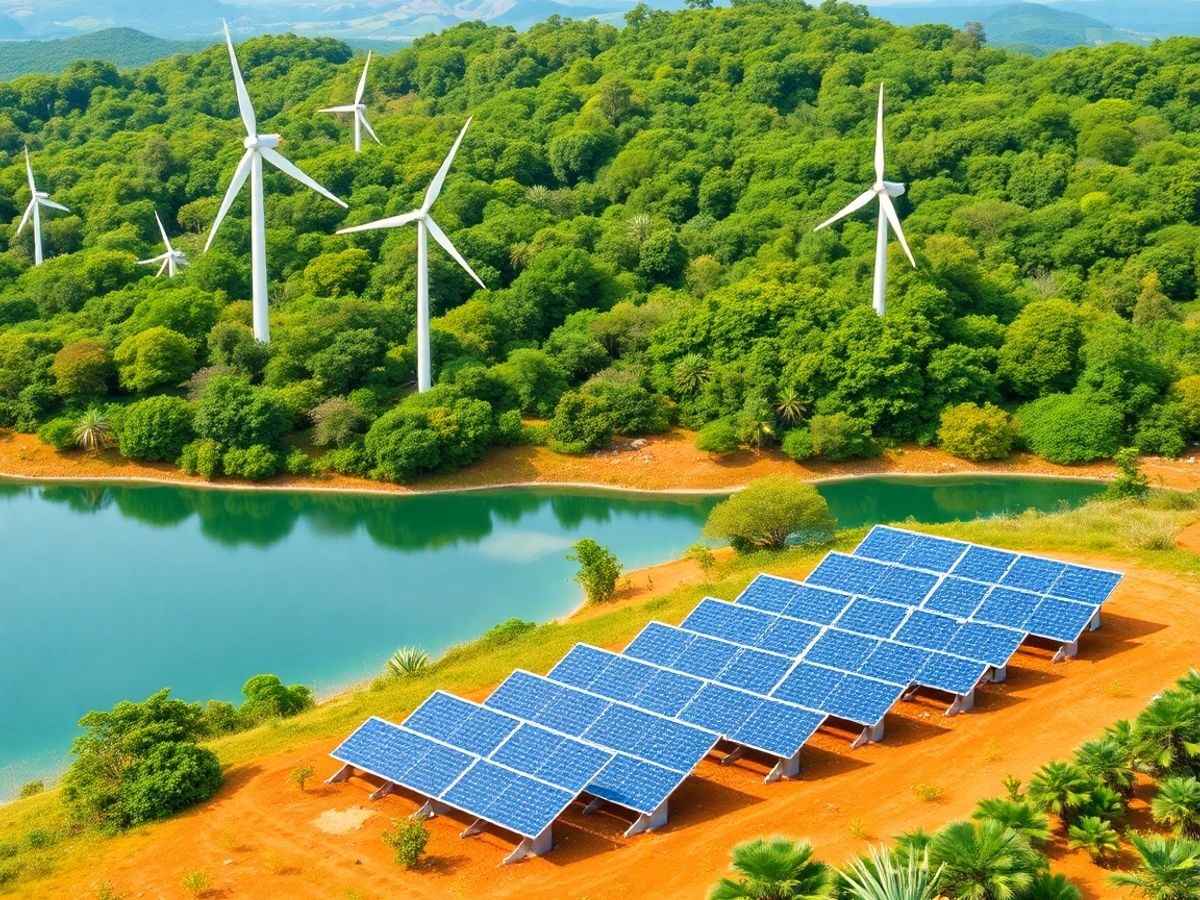 Peisaj cu turbine eoliene și panouri solare în natură.