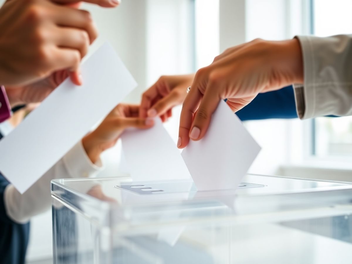 Urne de vot, buletine, mâini votând