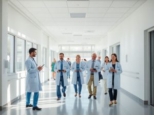 Oameni și medici interacționând într-un spital modern.