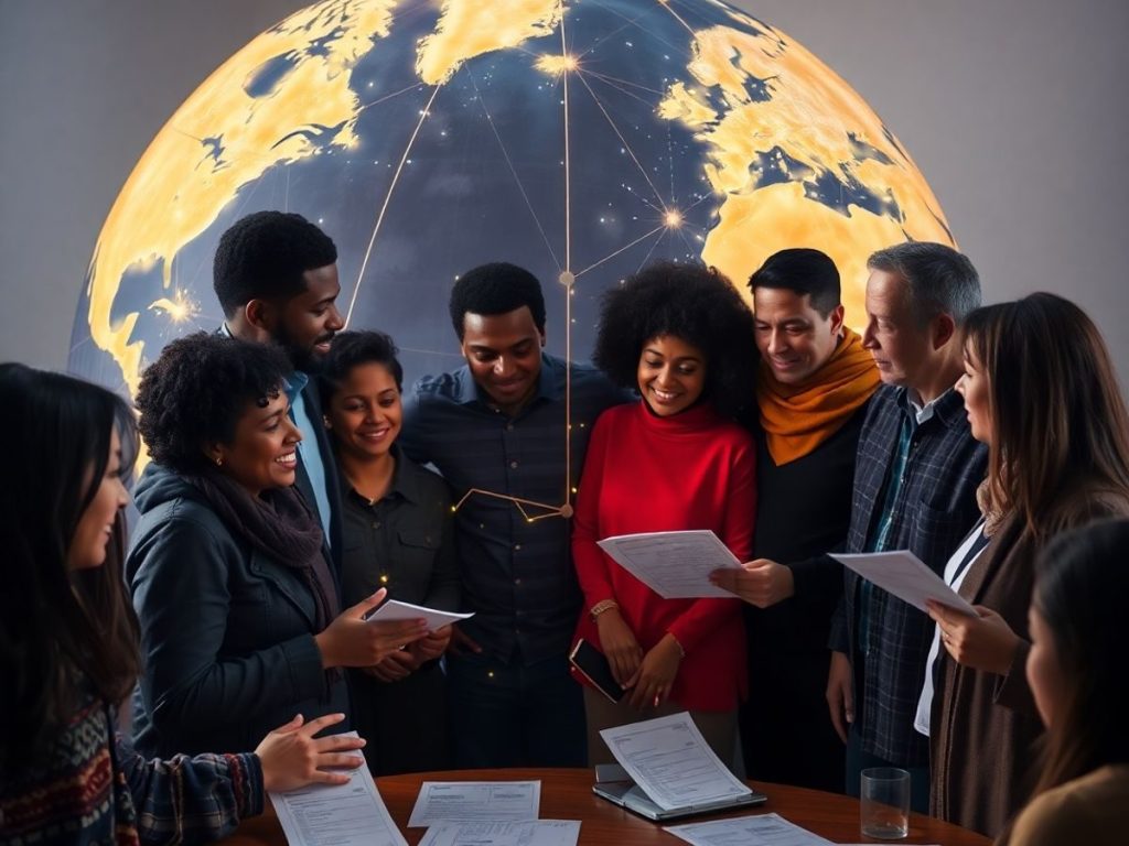 Inițiative politice pentru diaspora: cum sunt reprezentate comunitățile 1 Oameni, hărți, conexiuni globale, vot, discuții comunitare, speranță.
