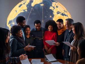 Oameni, hărți, conexiuni globale, vot, discuții comunitare, speranță.