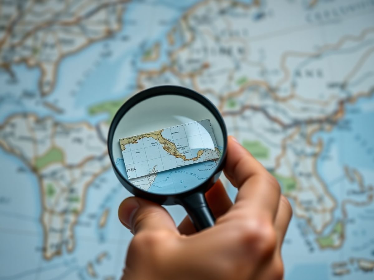 O mână ținând o lupă deasupra unei hărți