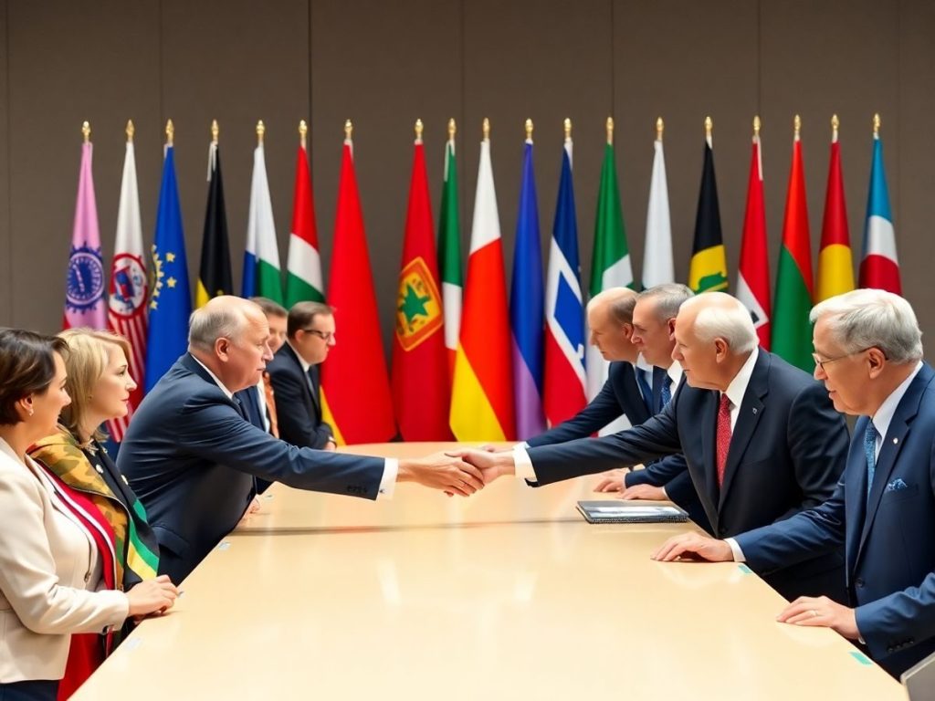 Analiza relațiilor politice internaționale: ce implică alianțele actuale 1 Lideri mondiali dând mâna la o masă cu steaguri internaționale.