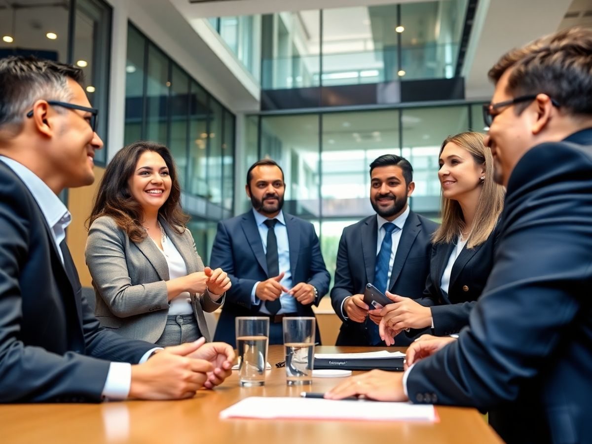 Antreprenori discutând în fața unei clădiri moderne de birouri.