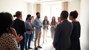 Oameni discutând într-o sală, colaborare.